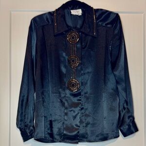 Vintage Black Satin Blouse with Gold and Black Beading Accents